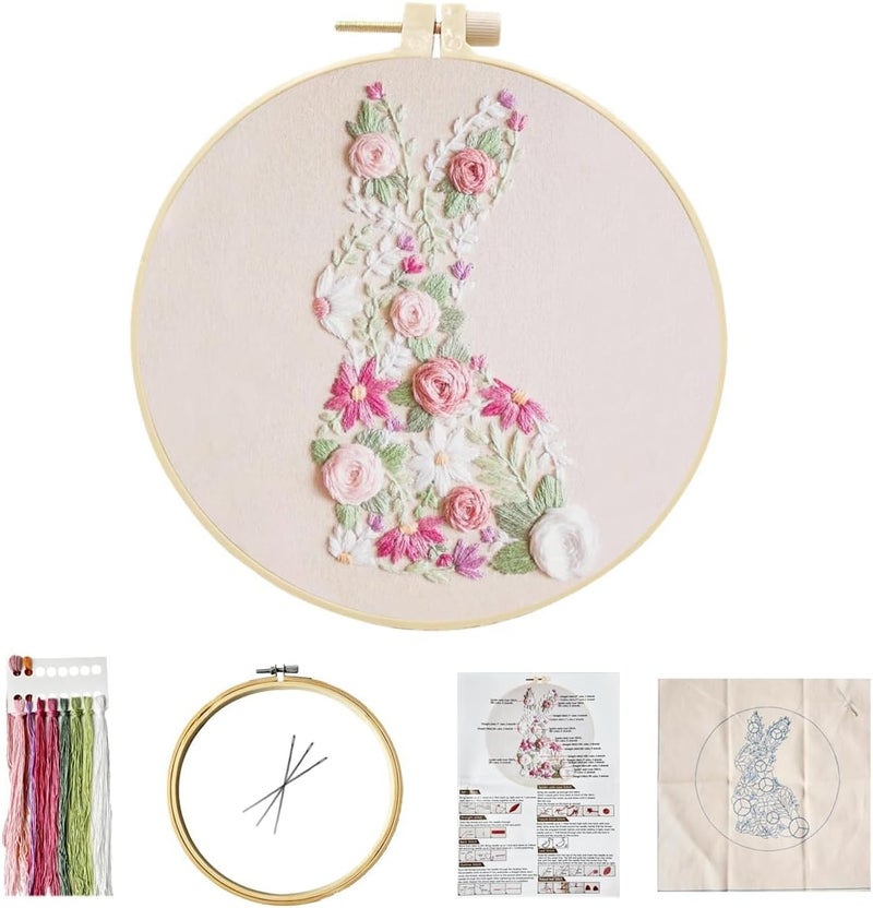 YOUDRN Bunny in Bloom Easter Embroidery Kit for Beginners, Embroidery Kits for Adults,DIY Hand Bunny Embroidery Easter Cross Stitch Starter Set with Pattern,Threads,Needles,Instruction,20cm Hoop - Image 4